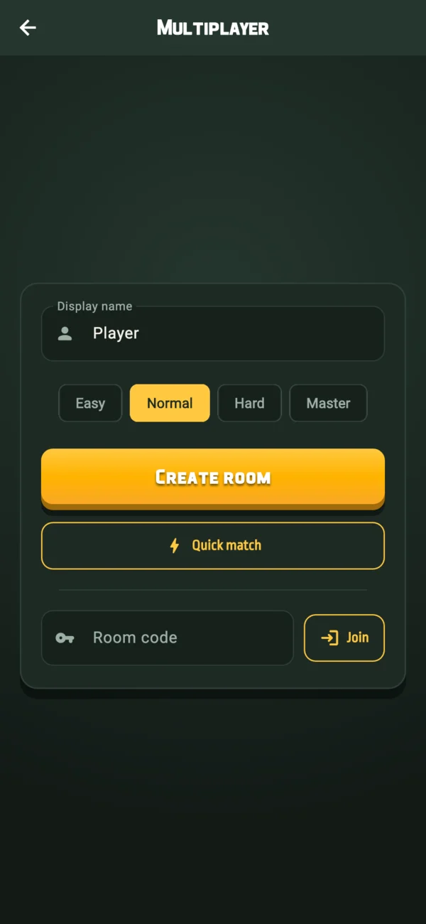 Multiplayer screen with display name, difficulty and room code